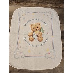 Handmade Cross Stitch Baby Blanket Bear & Guarding Angel Pastel Color  40"L X 29